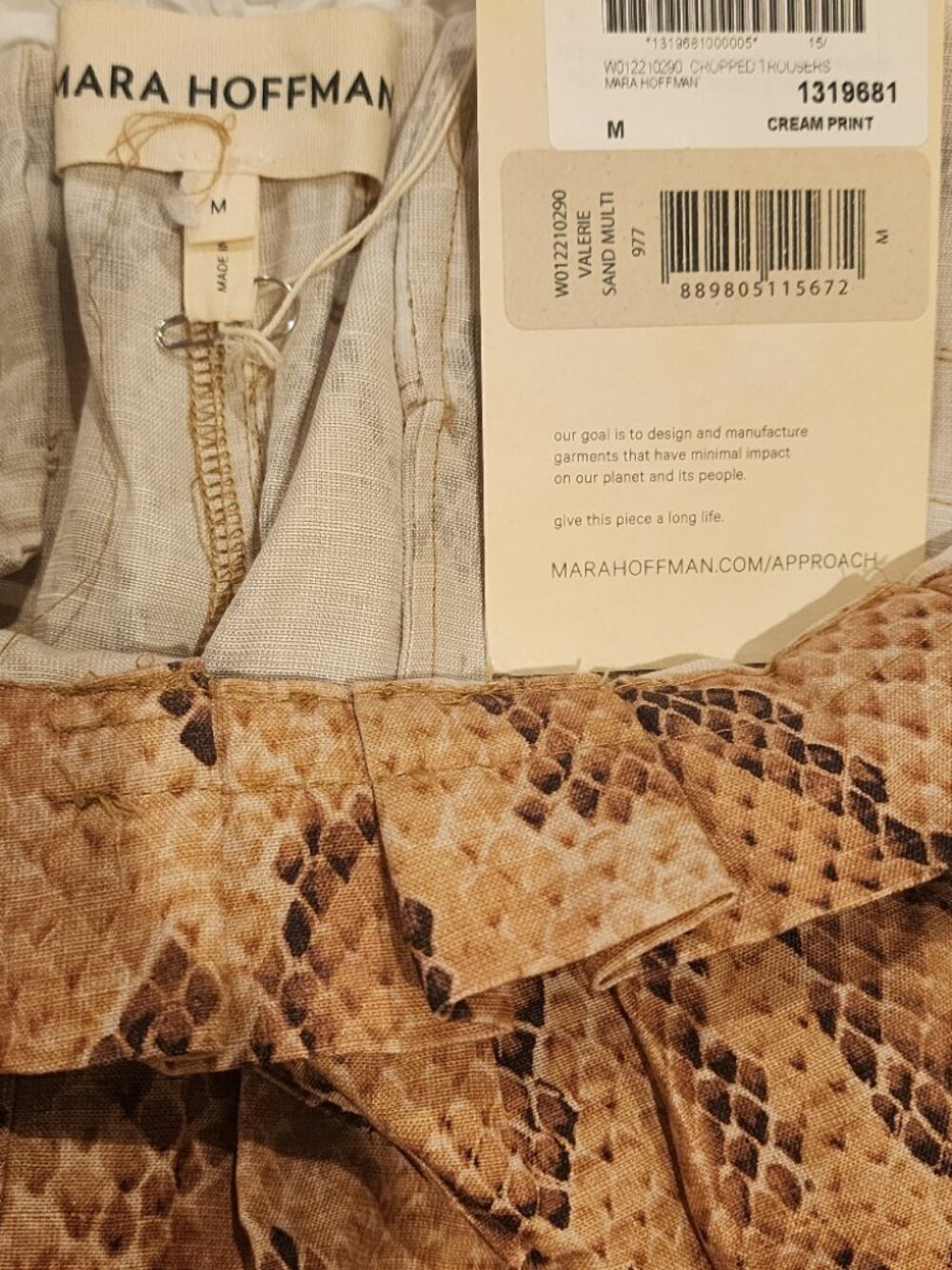 NWT Mara Hoffman Women Trousers Sand Multi Snake Print Paperbag Cropped - M - Picture 5 of 5
